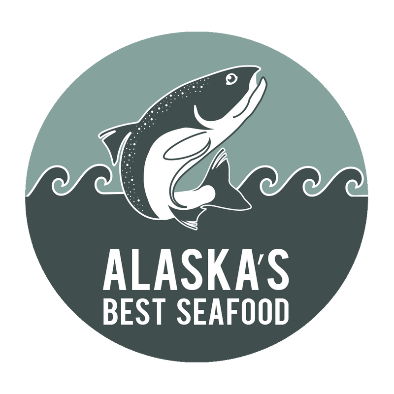 Alaskas Best Seafood Logo is a jumping salmon from dark green/grey waters